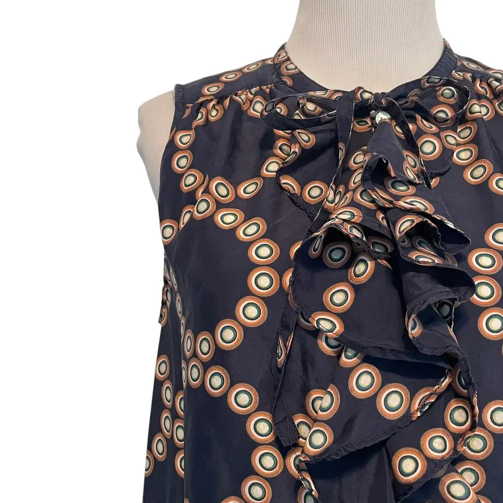 Anthropologie LIL Bullseye Silk Dress Womens Size 4 Blue Geo Print Ruffle Career - Picture 6 of 10
